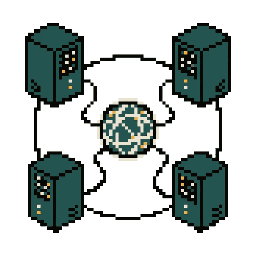 Four pixel-art teal server towers linked by cables to a central globe, the Hypertrain cluster